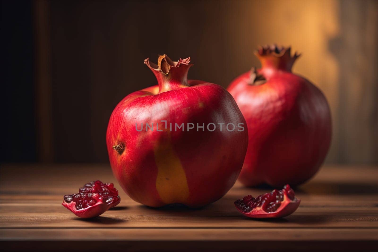 Ripe pomegranate fruit on a wooden background. Still life. ai generative