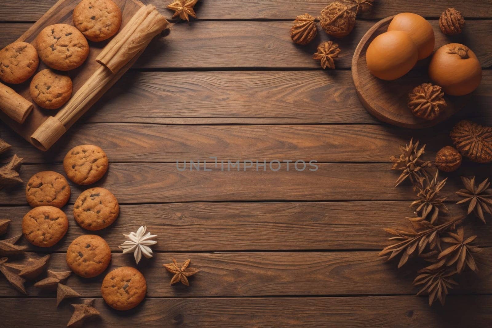 Cookies on a wooden table. Top view. ai generative