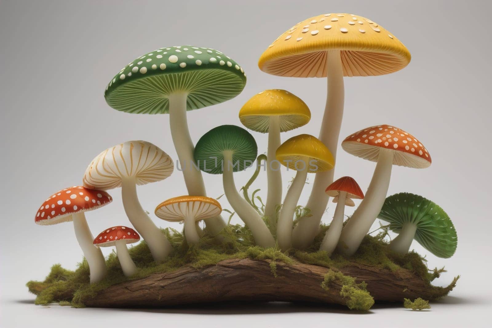 Mushrooms on a solid color background with green moss and water drops. generative ai