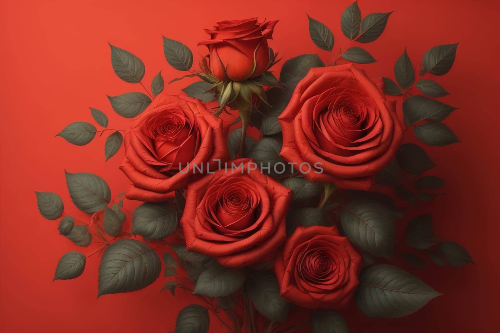 Red roses background. Top view of beautiful red roses with green leaves. ai generative