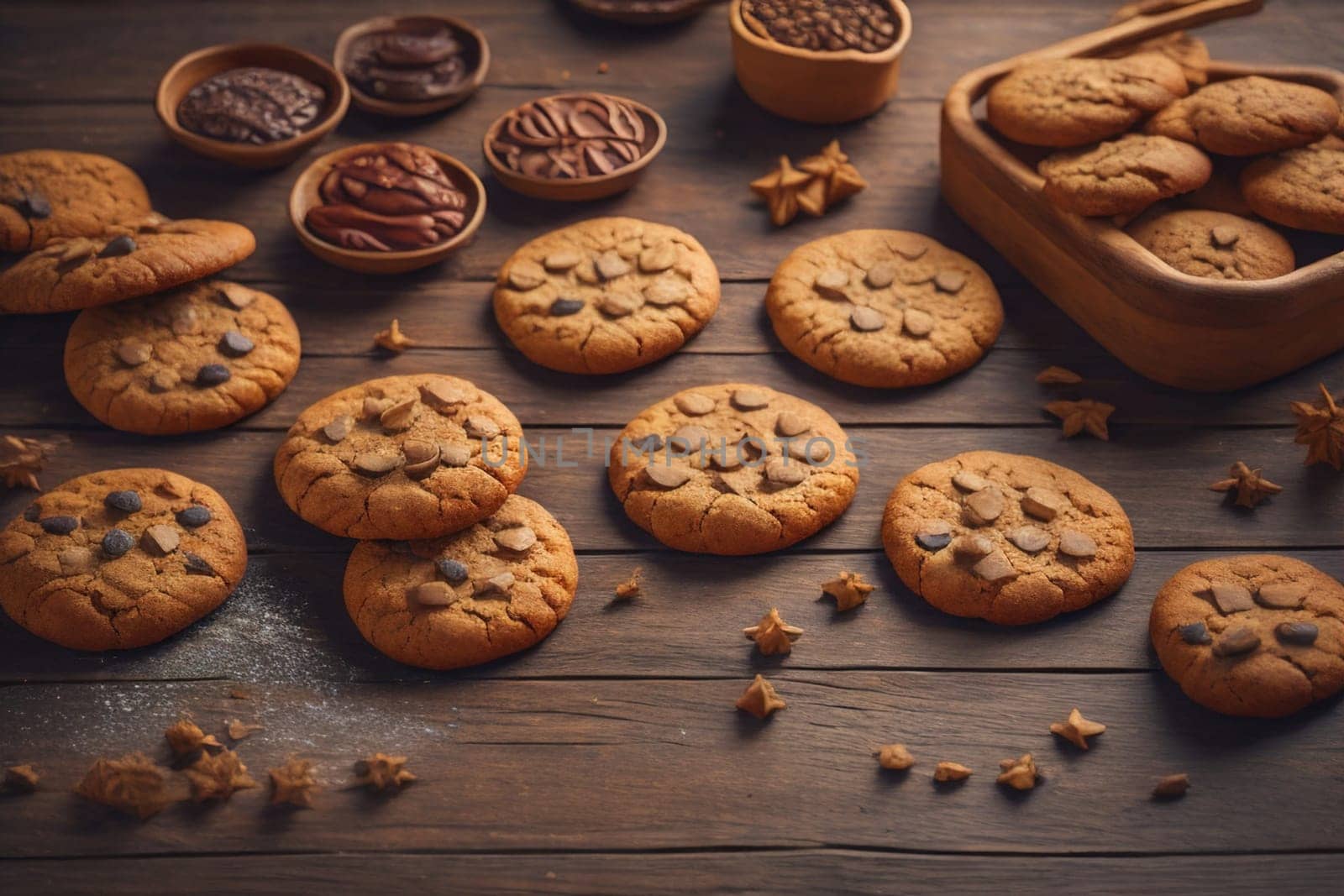 Cookies on a wooden table. Top view. ai generative