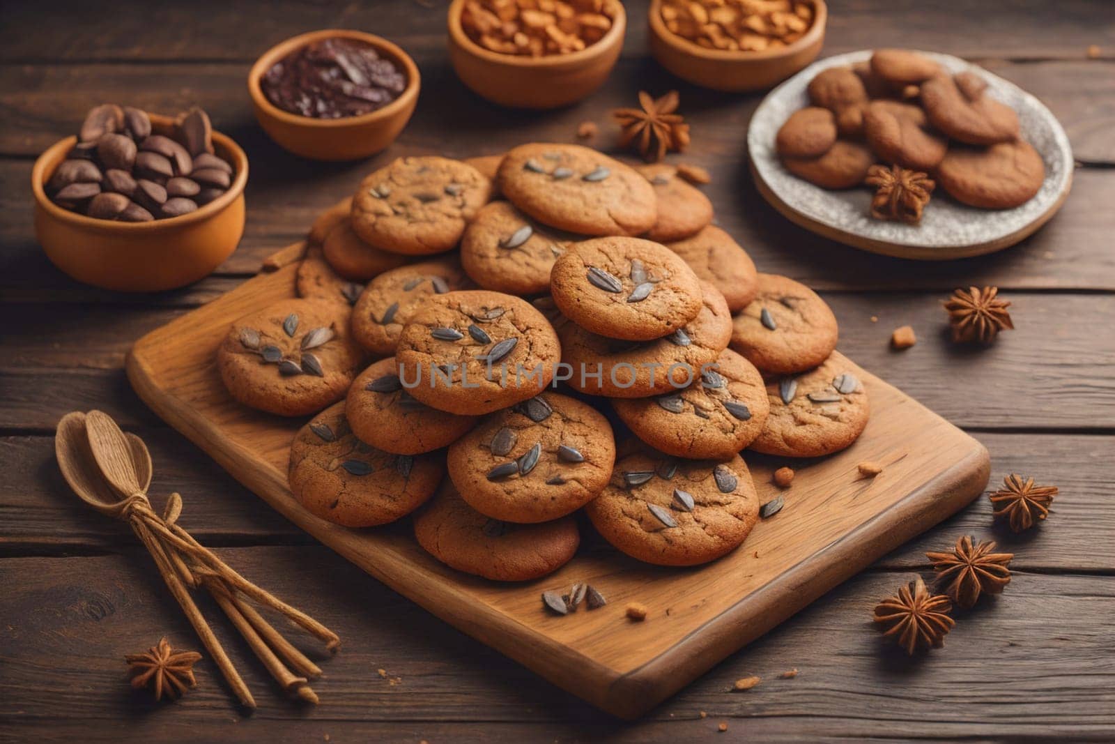Cookies on a wooden table. Top view. ai generative