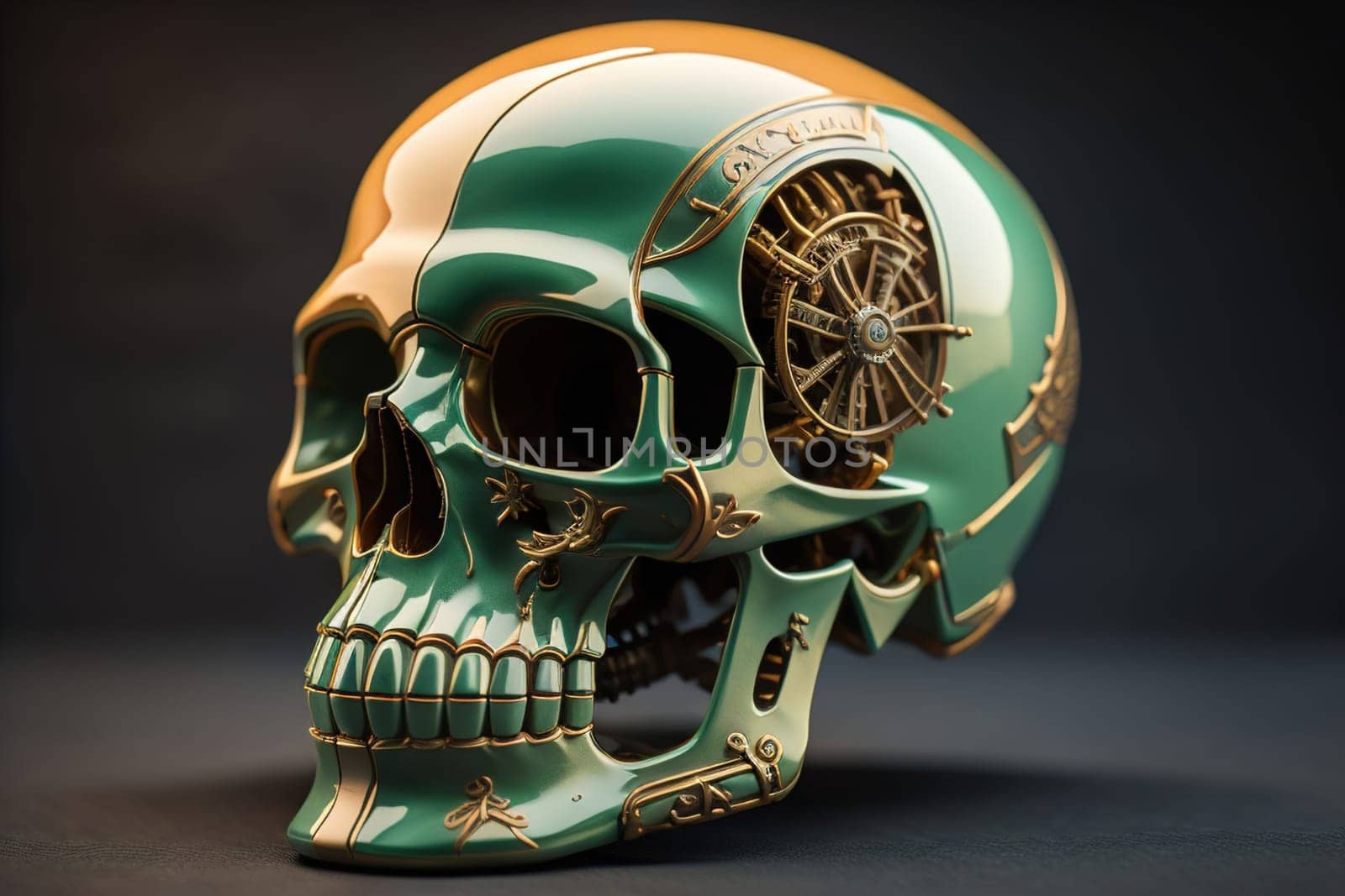 Human skull with gears and cogwheels. ai generative