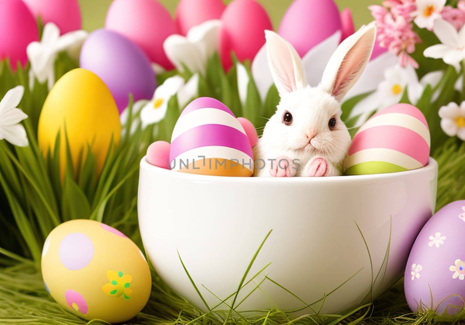 Easter bunny with colorful eggs in nest. ai generative