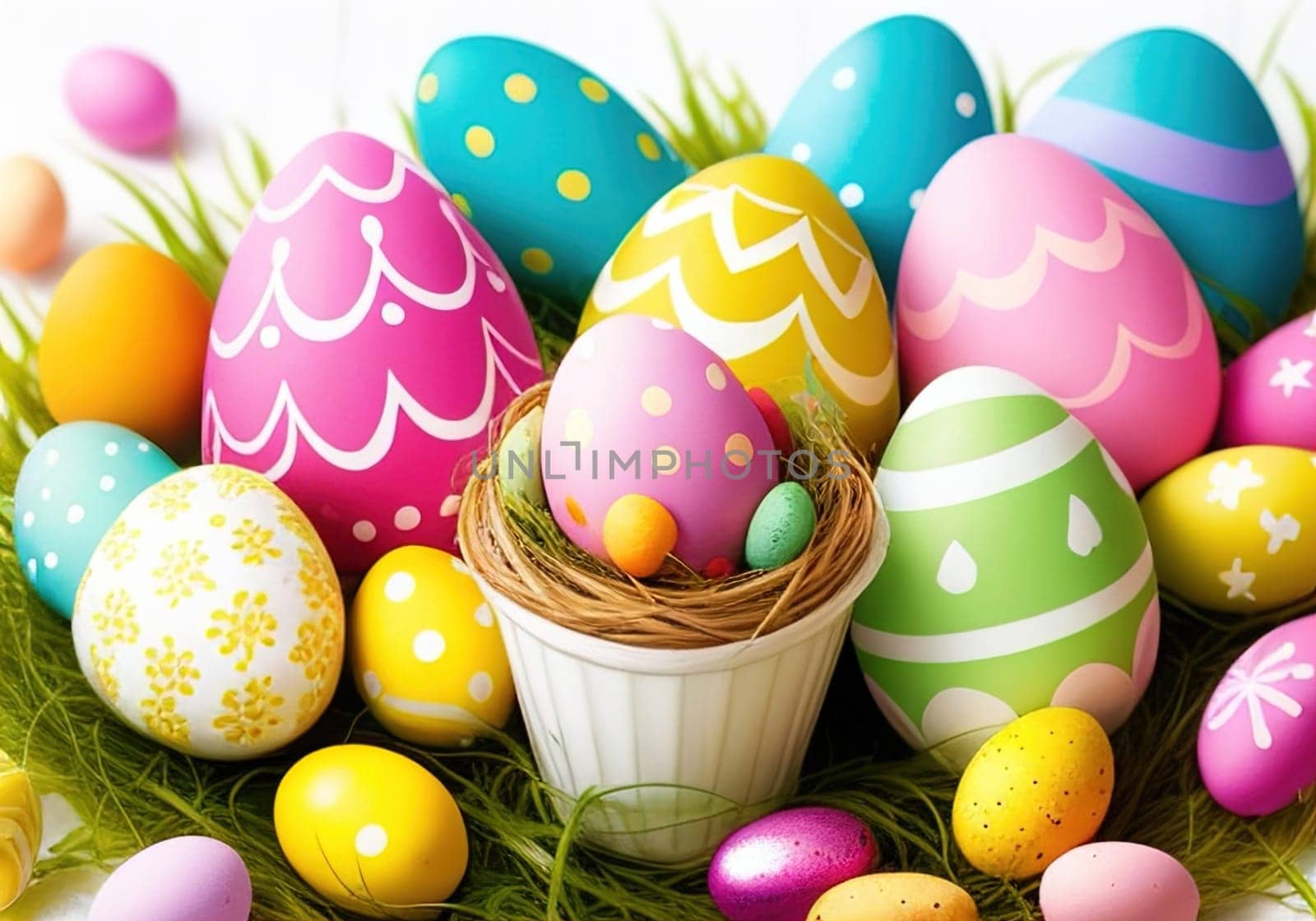 Easter bunny with colorful eggs in nest. ai generative