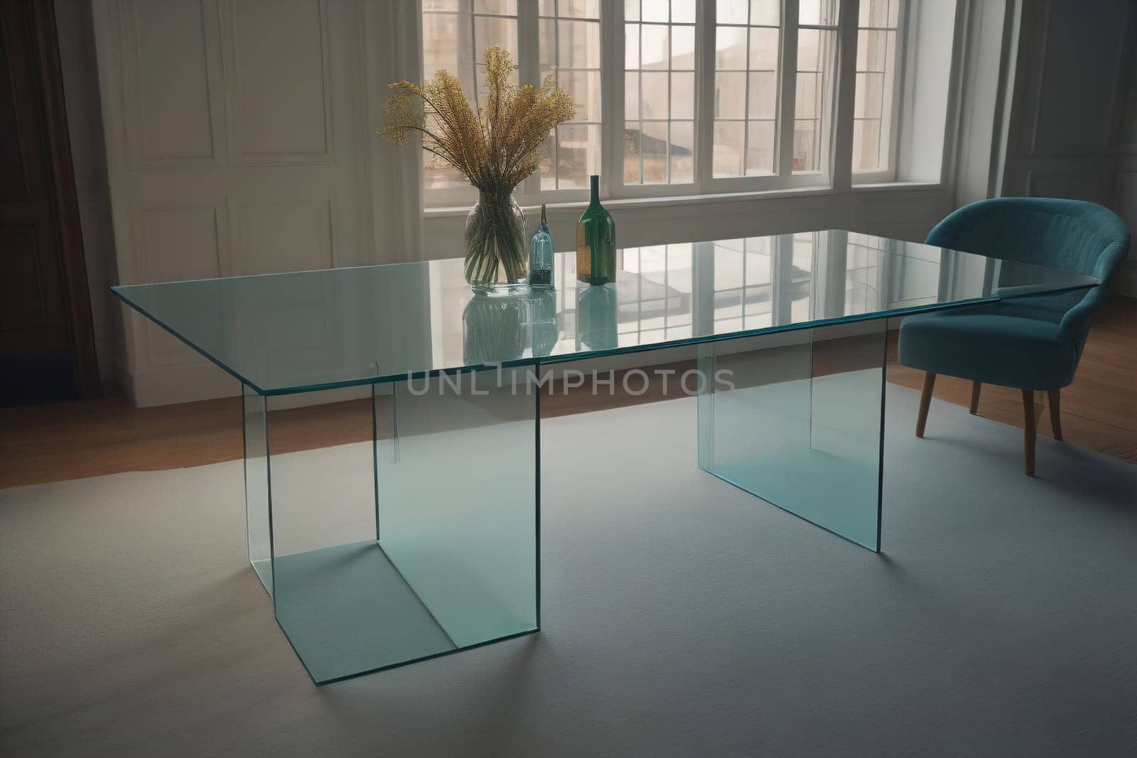 a glass table in a room. ai generative