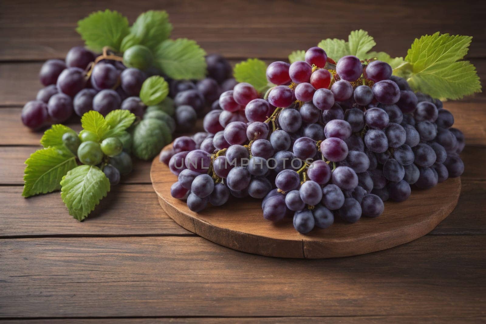 Bunch of fresh grapes on wooden table. Vintage style toned picture. ai generative