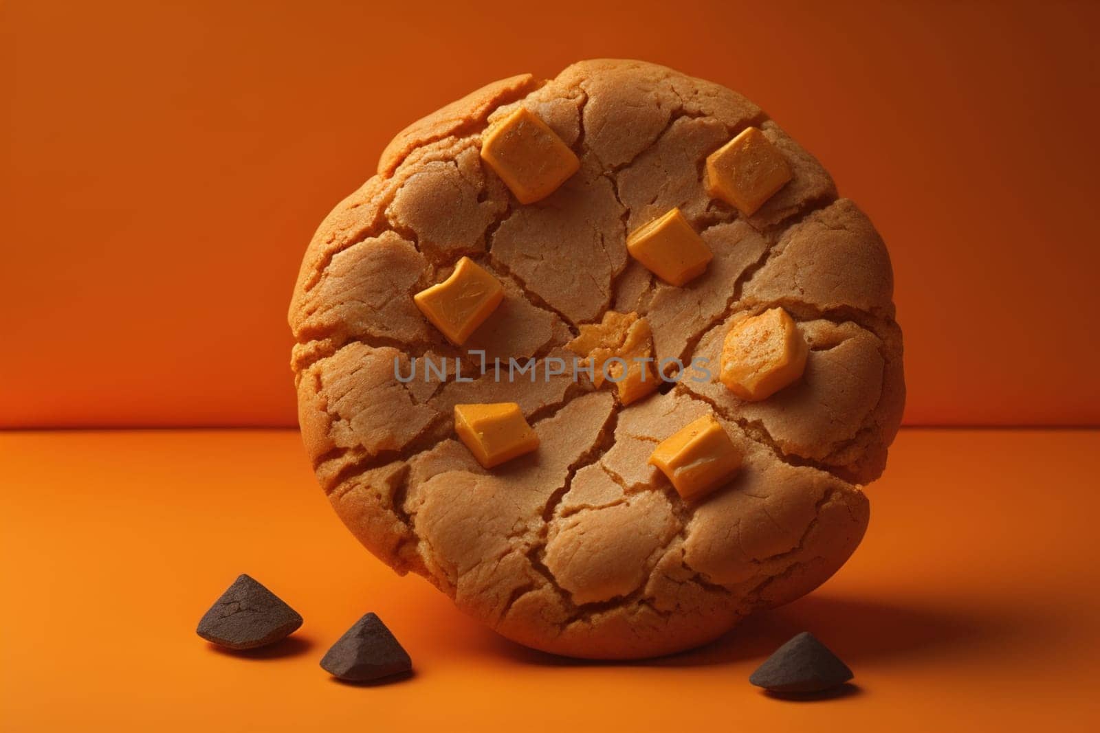 Chocolate chip cookies on orange background. Close up. Selective focus. ai generative