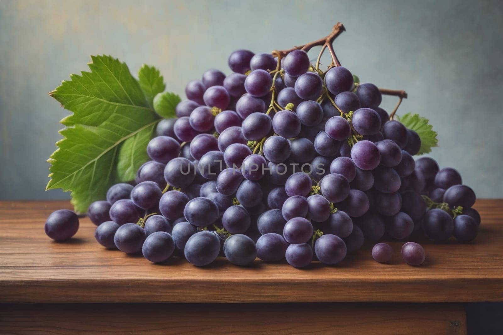 Bunch of fresh grapes on wooden table. Vintage style toned picture. ai generative