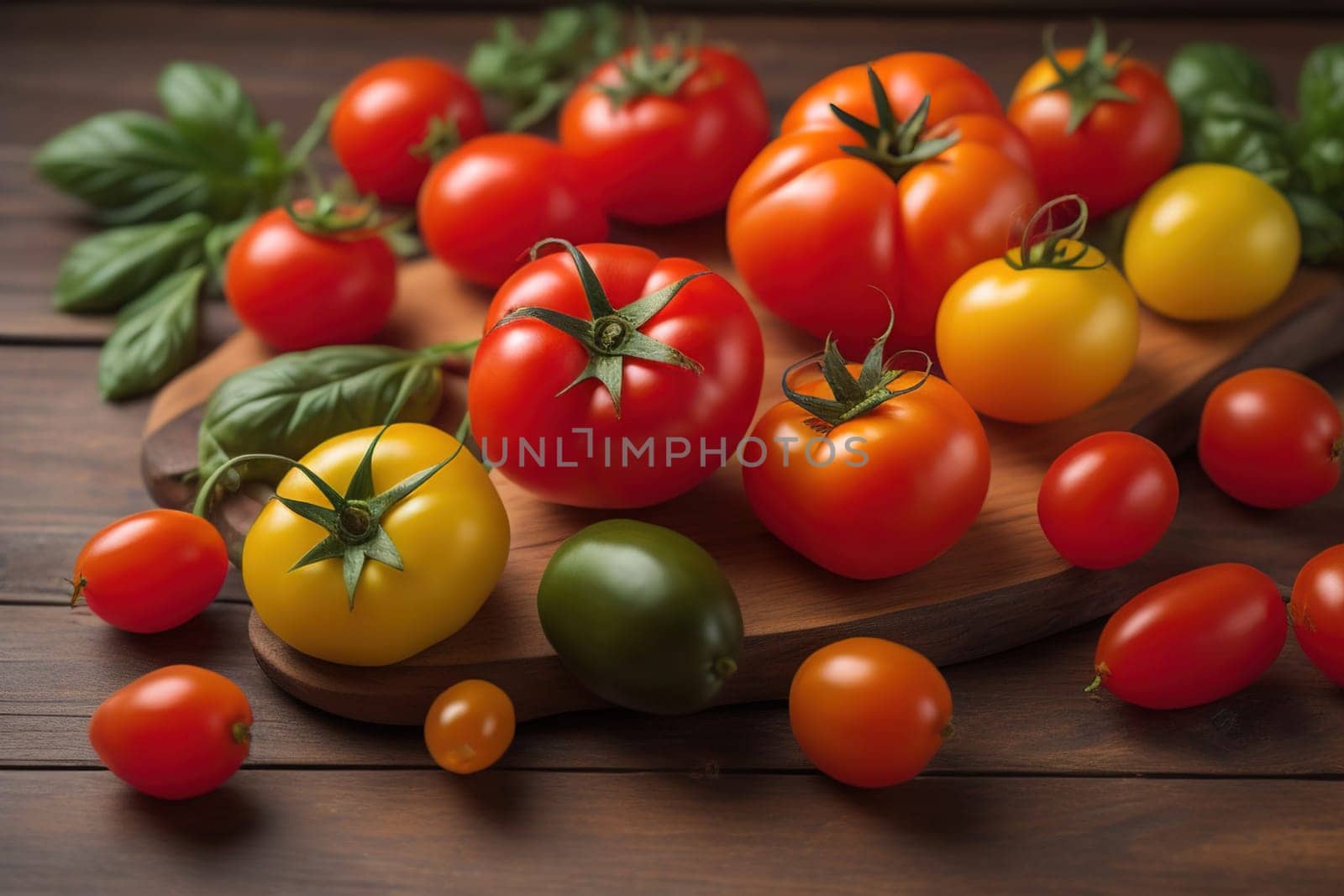 Tomatoes on a wooden table on a dark background. ai generative