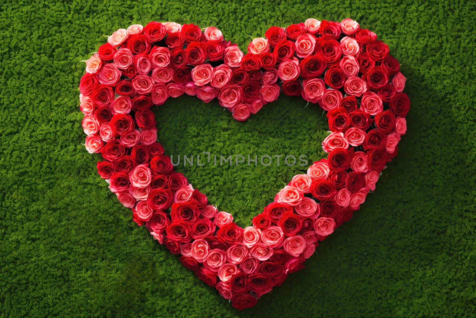Rose flowers arranged in heart shape on a green background by andreyz