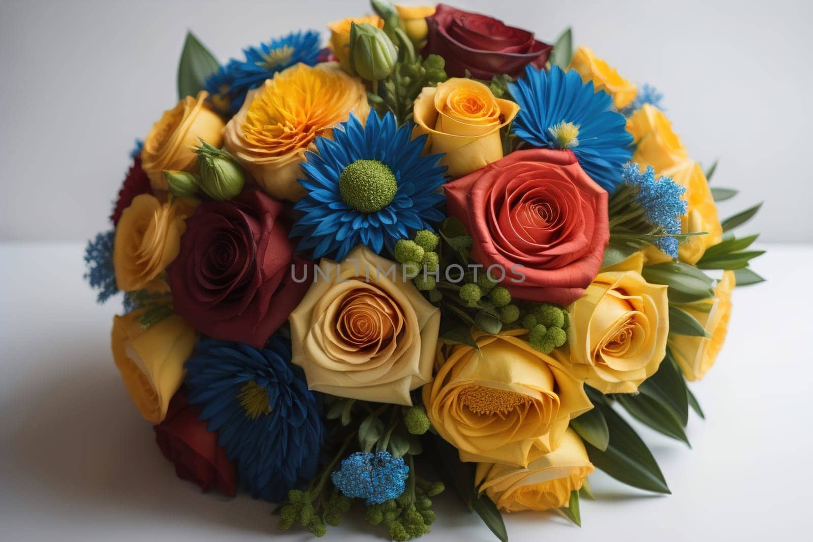 wedding bouquet of different colors on a solid color background. ai generative