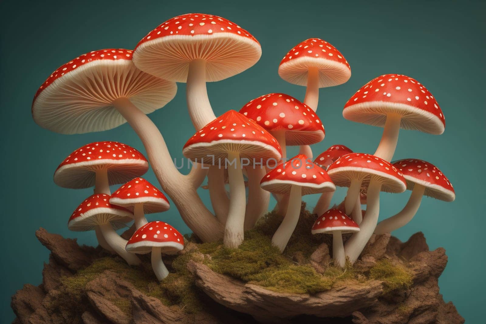 Mushrooms on a solid color background with green moss and water drops. generative ai