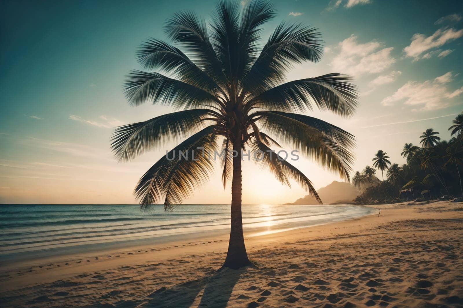 Beautiful tropical beach with coconut palm tree. ai generative by sanisra