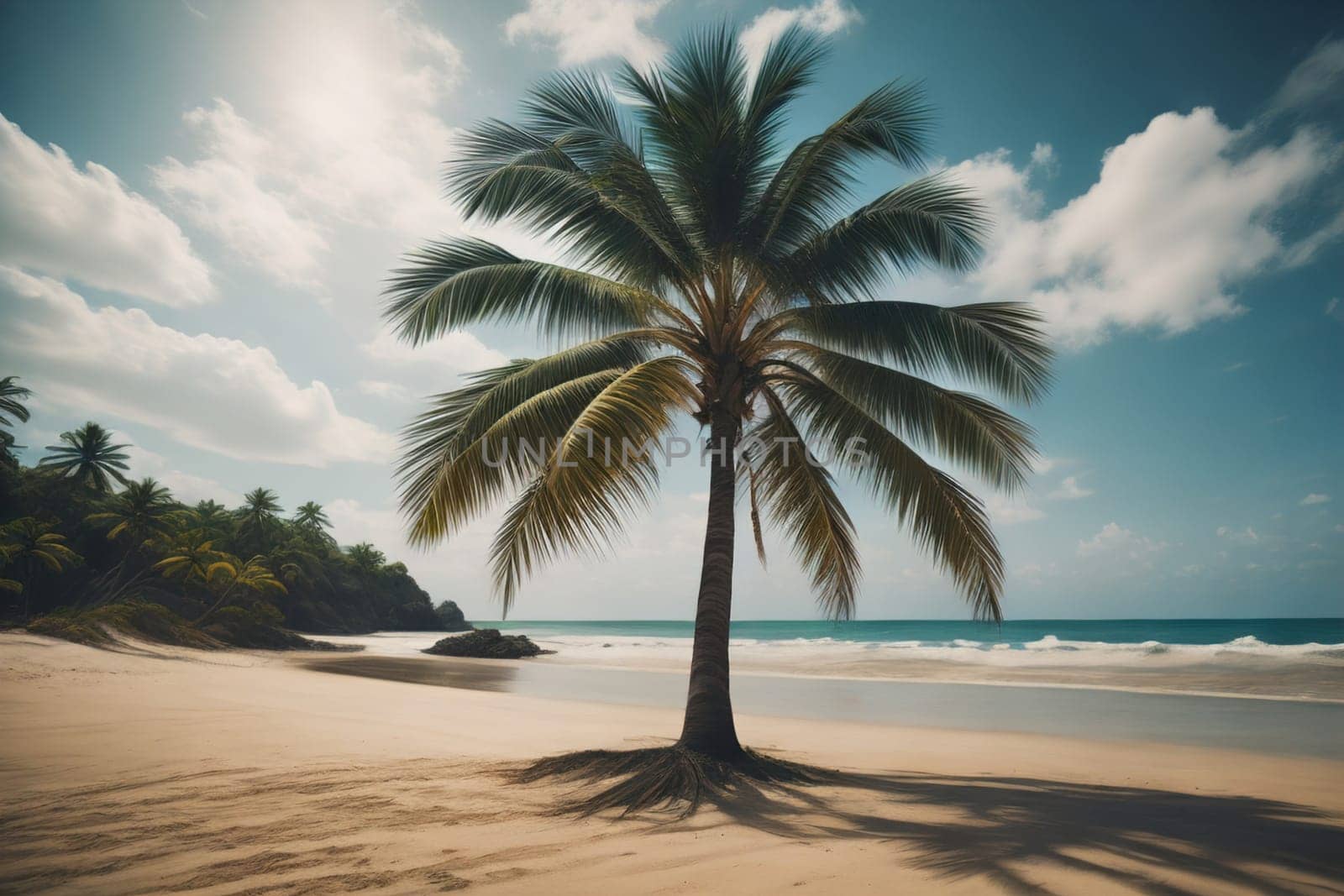 Beautiful tropical beach with coconut palm tree. ai generative by sanisra