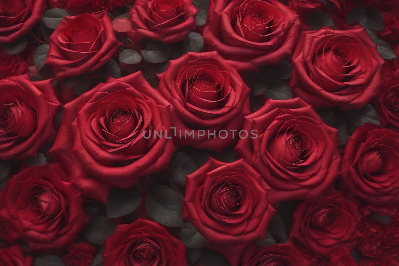 Red roses background. Top view of beautiful red roses with green leaves. ai generative