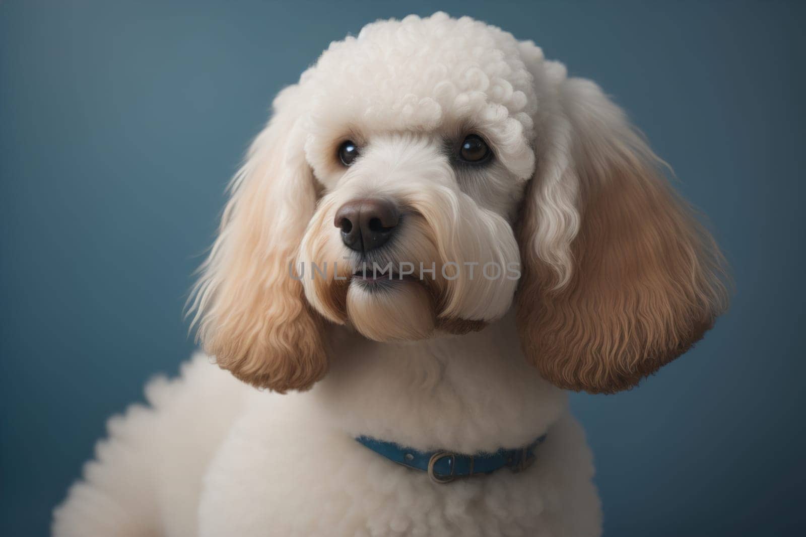 Close-up portrait of a poodle dog on a solid color background. ai generative