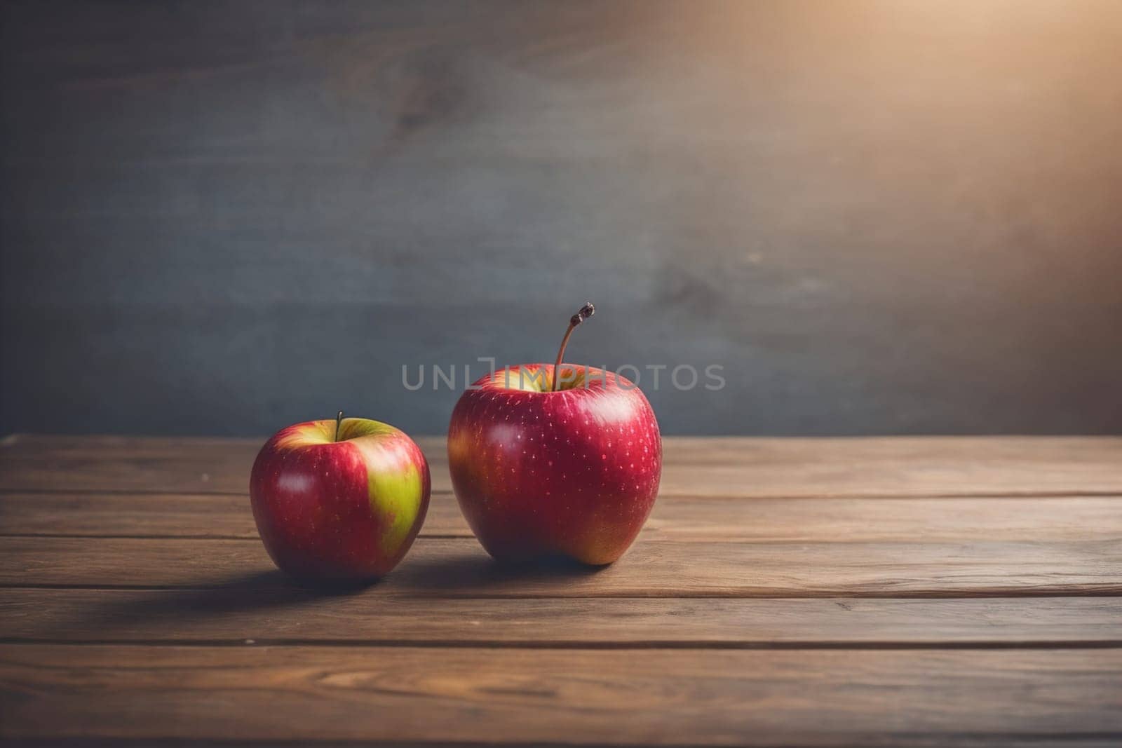Red apple on a wooden background. ai generative