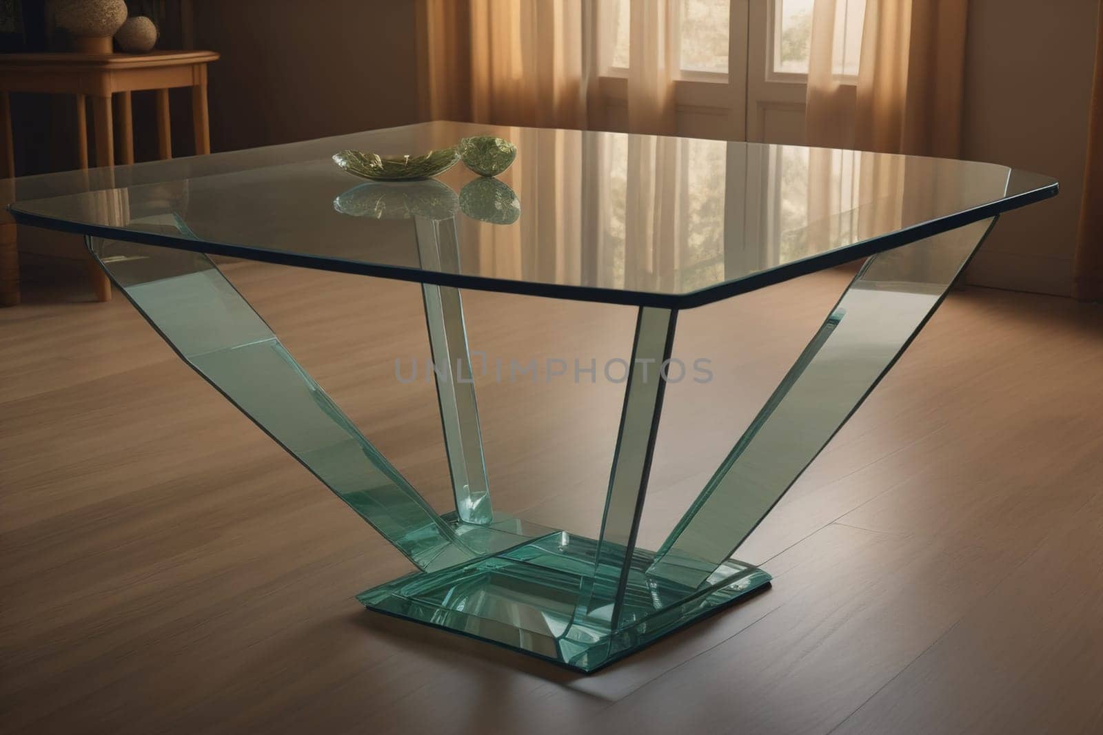 a glass table in a room. ai generative