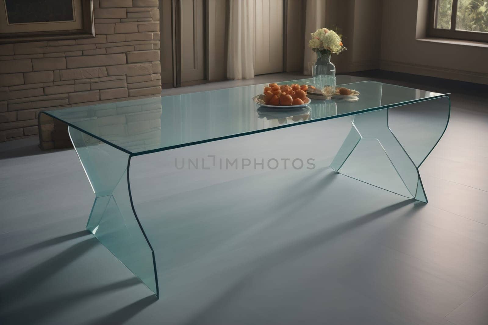 a glass table in a room. ai generative