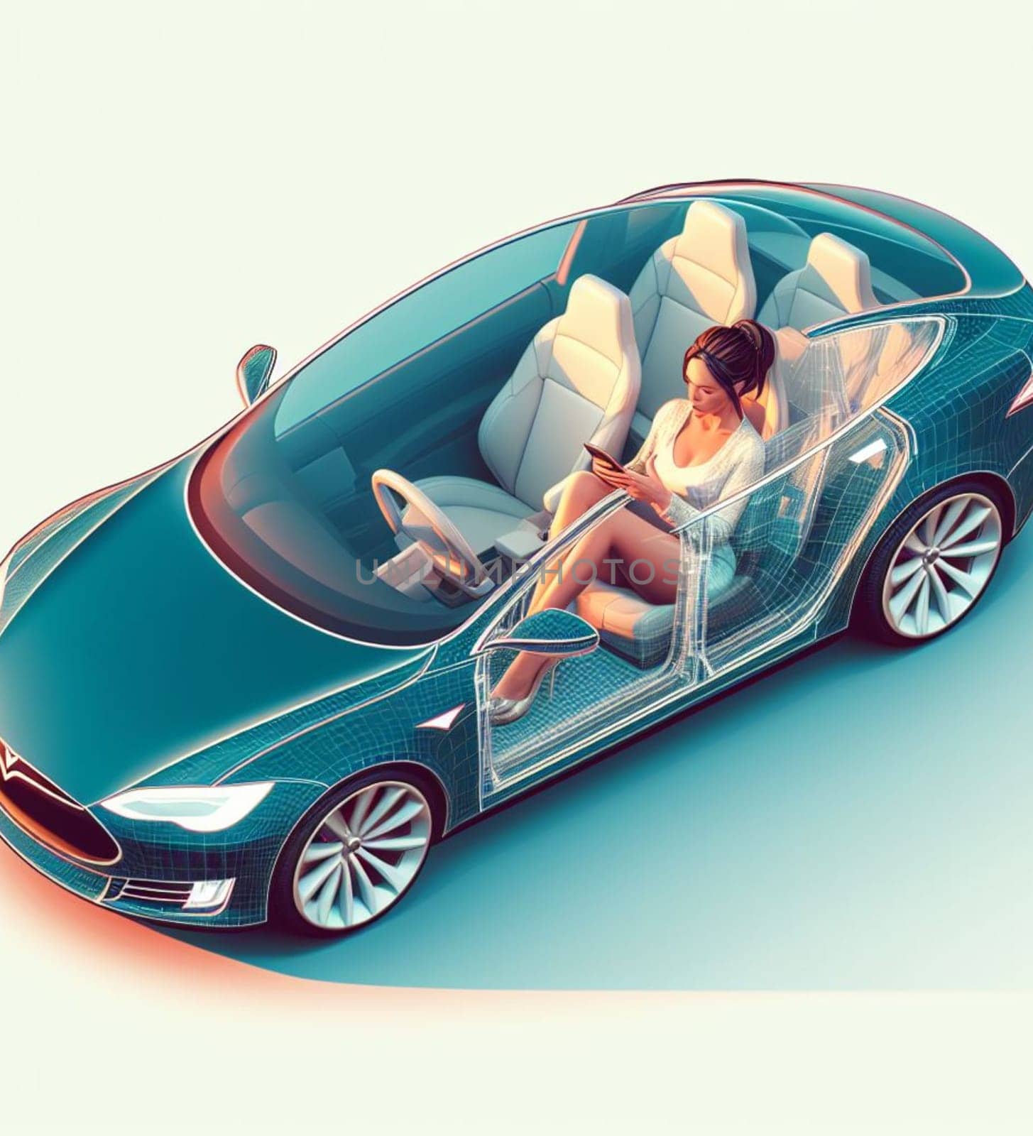 business woman manager remote working from autonomous driving ev car traveling fast in city traffic by verbano