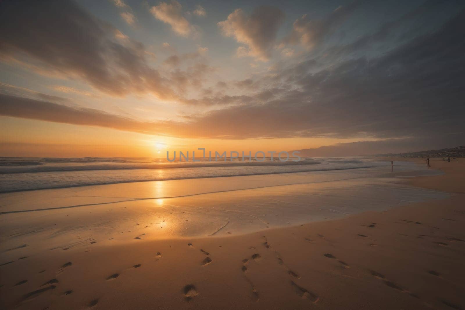 Beautiful sunset on the beach with reflection in the water. Long exposure. ai generative