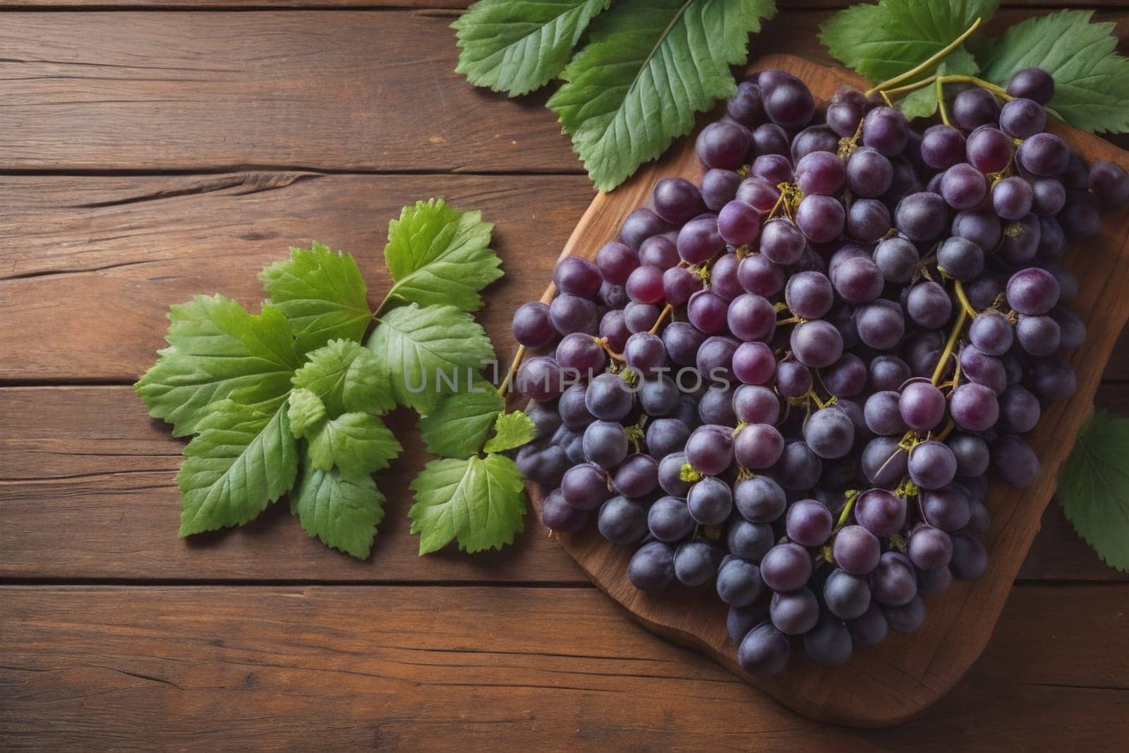 Bunch of fresh grapes on wooden table. Vintage style toned picture. ai generative