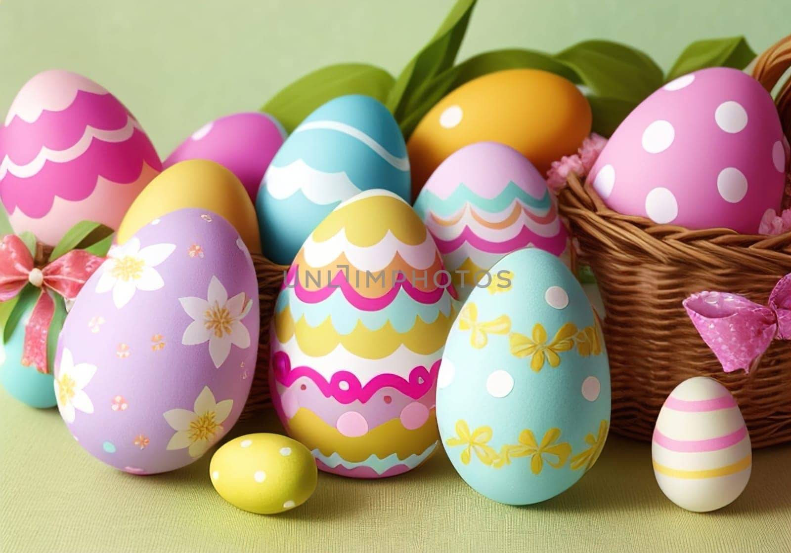 Easter bunny with colorful eggs in nest. ai generative