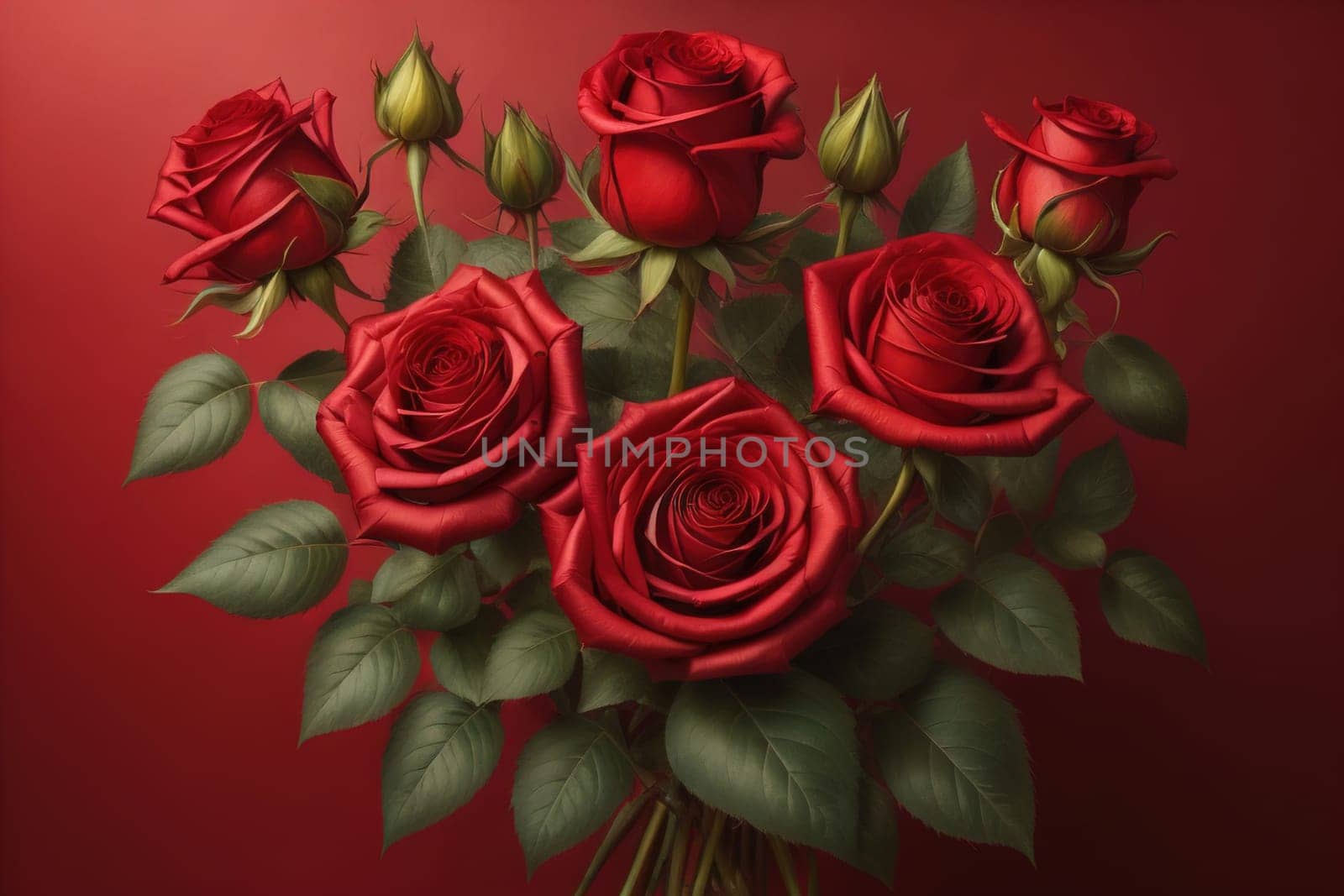 Red roses background. Top view of beautiful red roses with green leaves. ai generative
