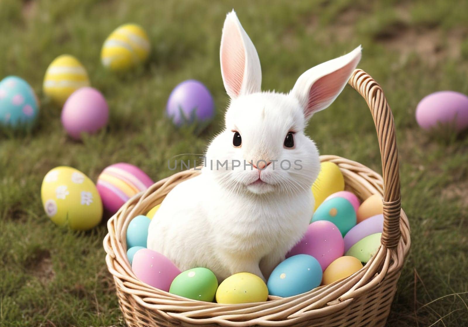 Easter bunny with colorful eggs in nest. ai generative