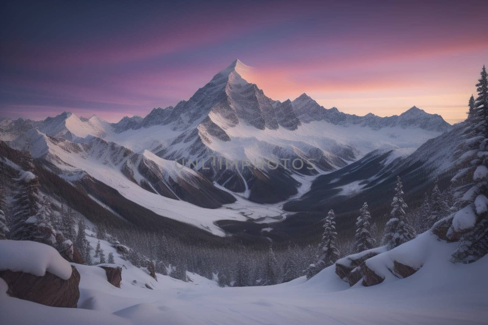 Mountains and snow-capped peaks of the Caucasus Mountains. ai generative