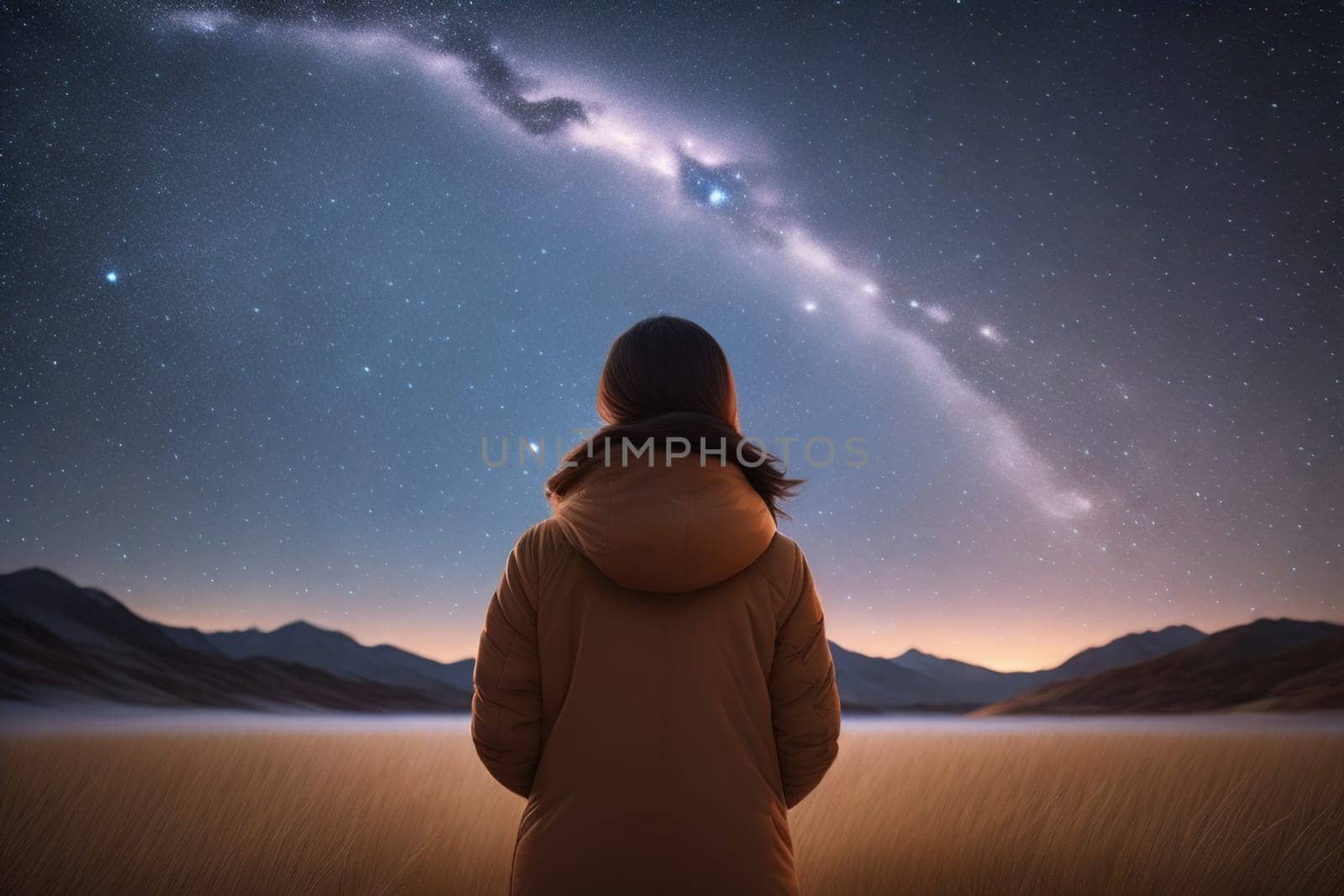 Woman looking at the starry sky with milky way in the mountains. ai generative