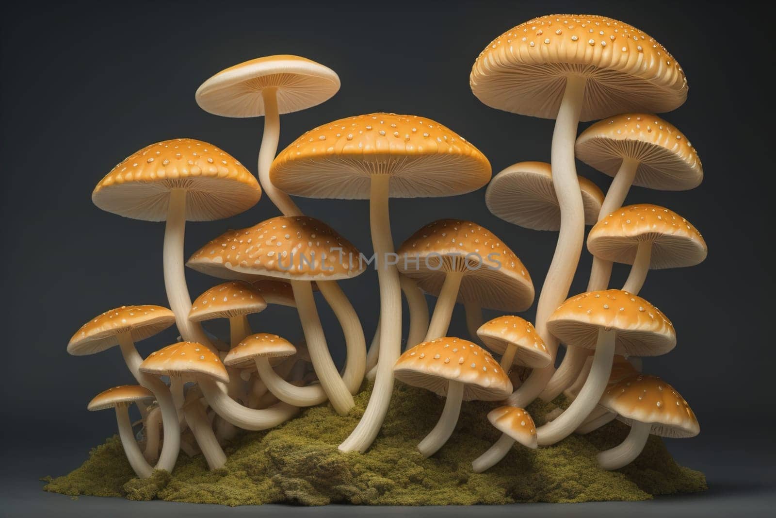 Mushrooms on a solid color background with green moss and water drops. generative ai by sanisra