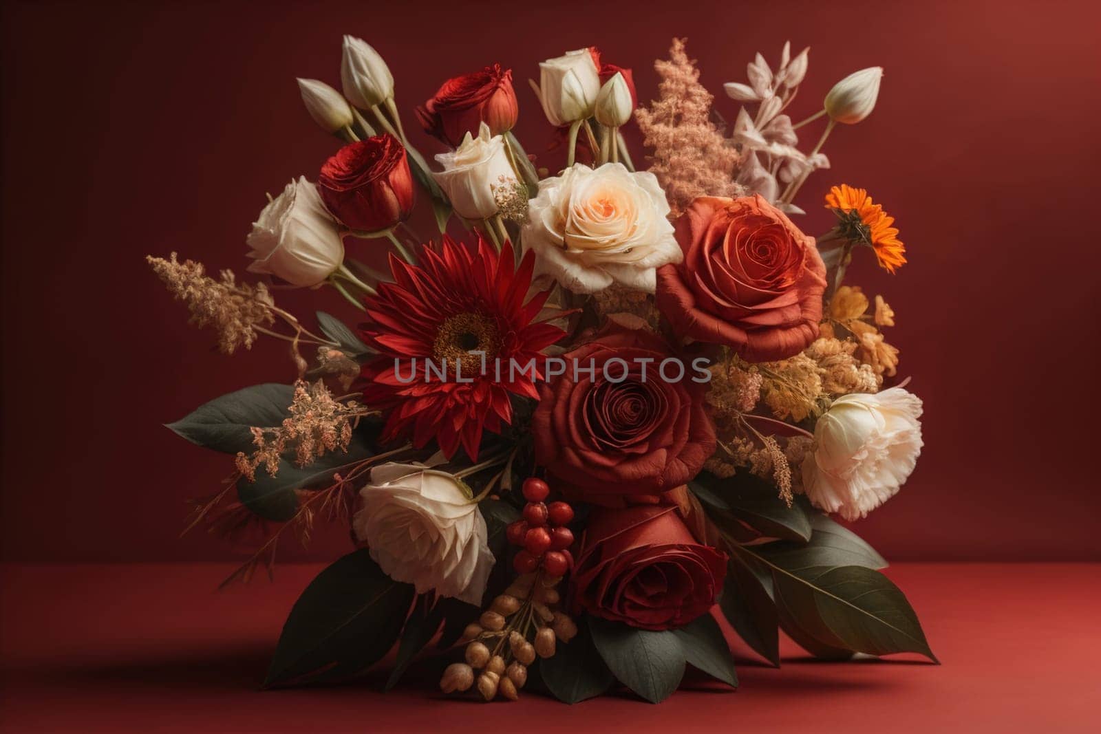 wedding bouquet of different colors on a solid color background. ai generative by sanisra