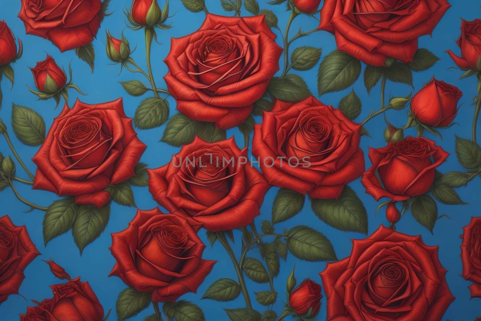 Red roses background. Top view of beautiful red roses with green leaves. ai generative