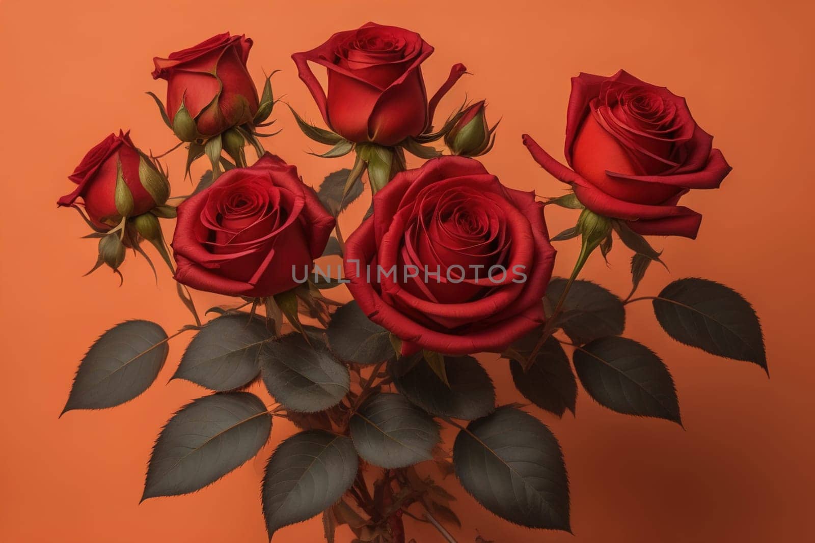 Red roses background. Top view of beautiful red roses with green leaves. ai generative