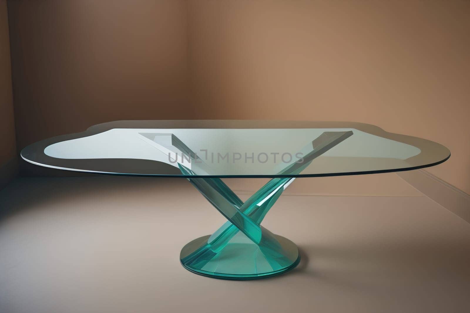 a glass table in a room. ai generative