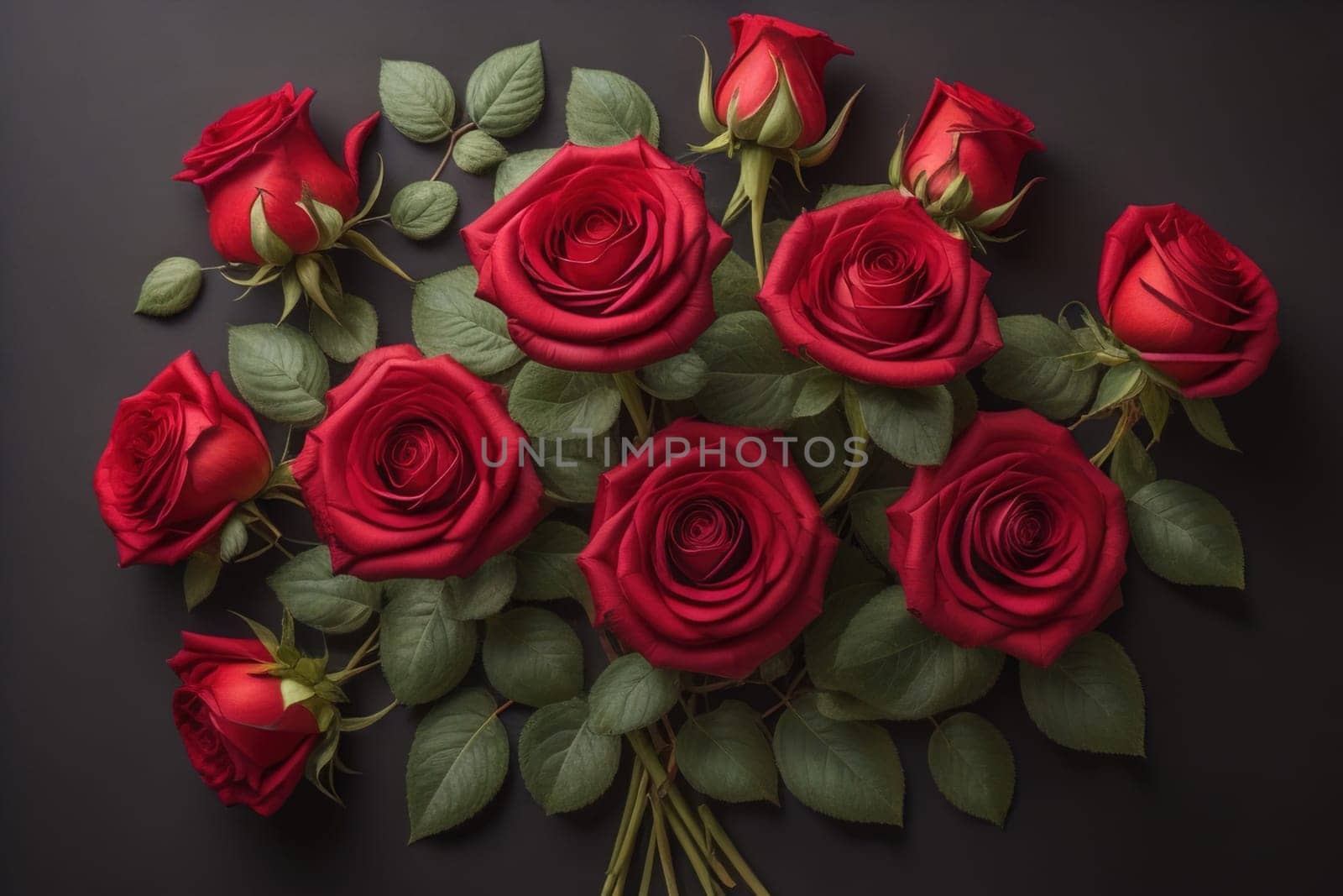 Red roses background. Top view of beautiful red roses with green leaves. ai generative