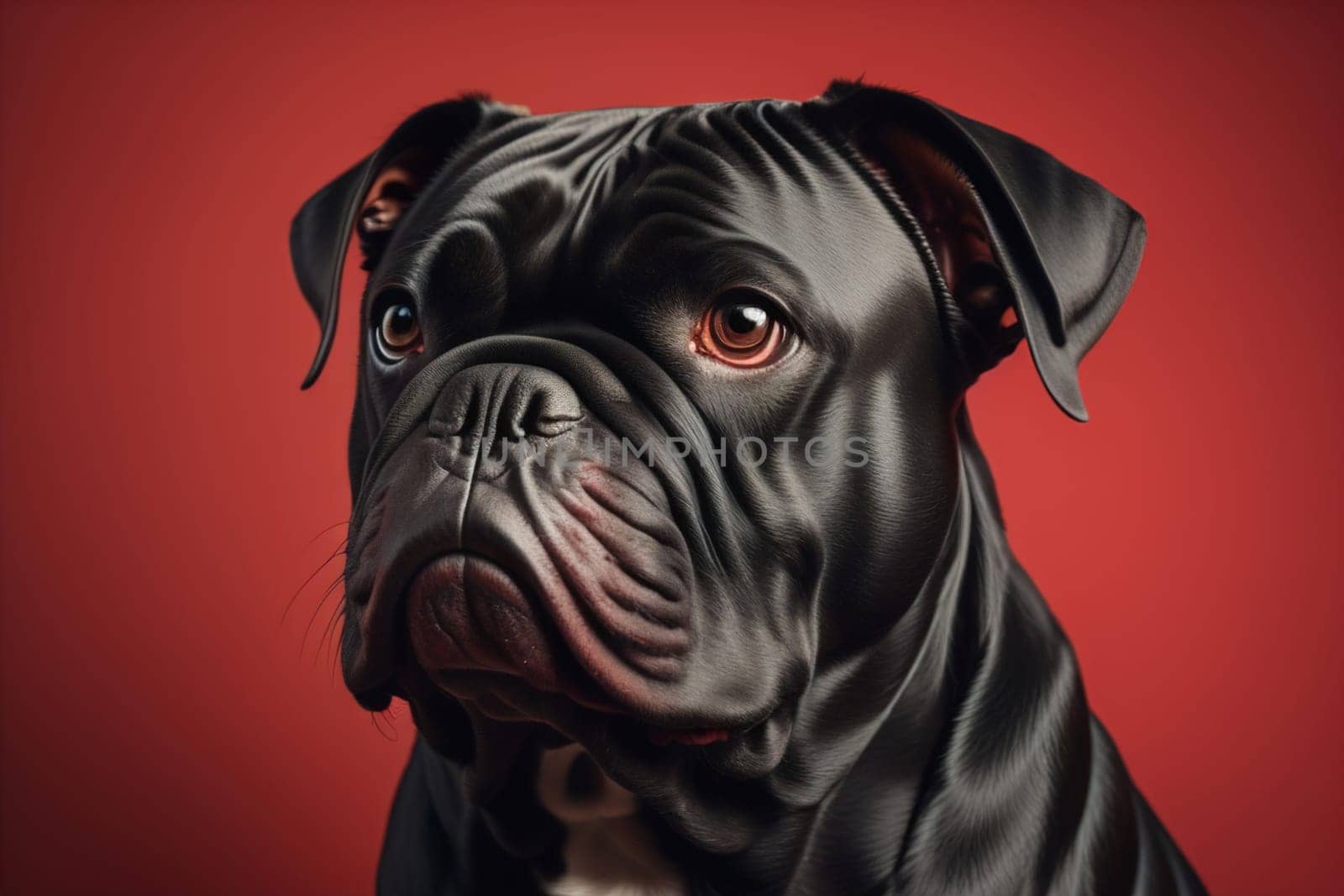 Close up portrait of a cute black dog on a orange background. ai generative