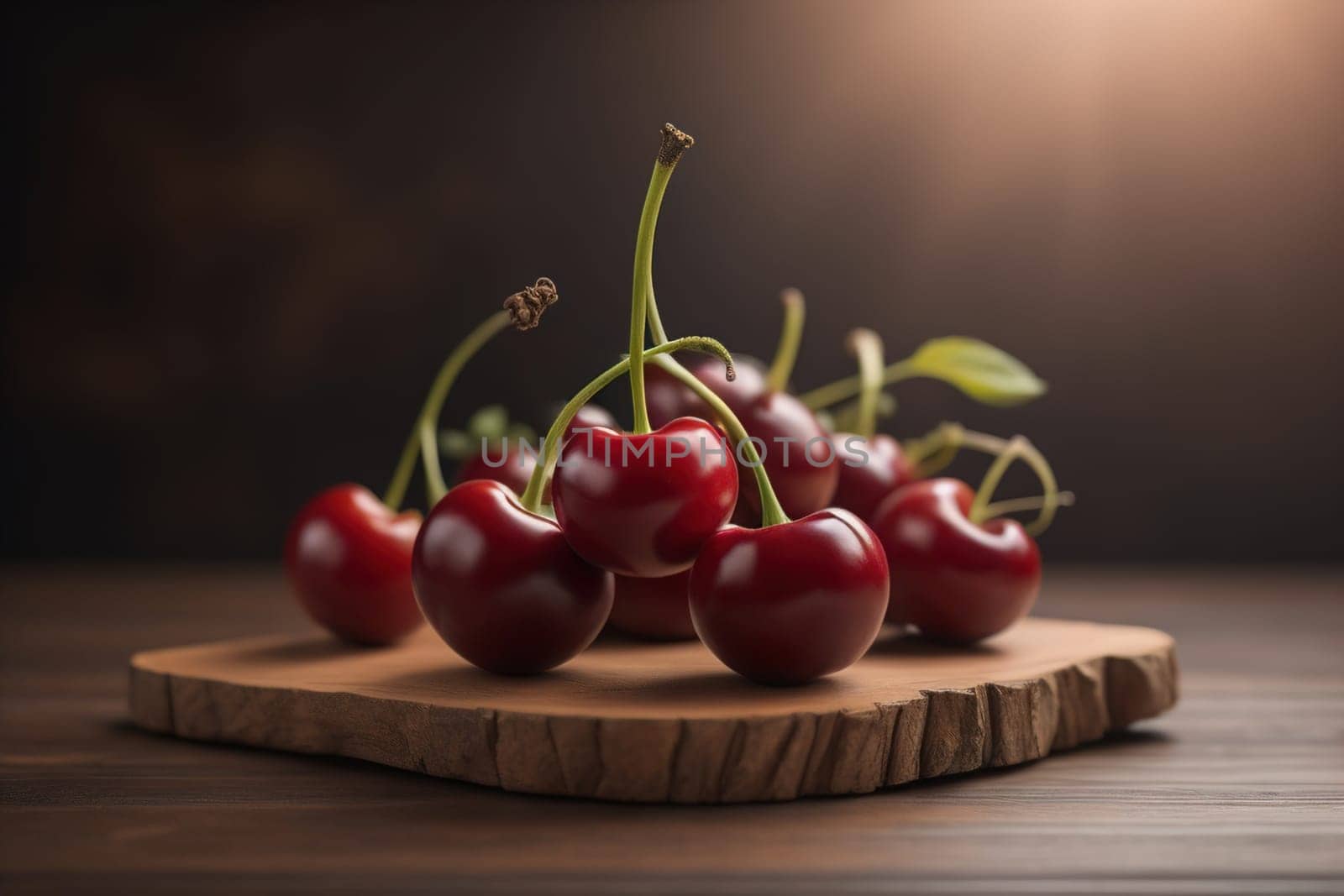 Red cherries on a wooden background. Close up. Selective focus. ai generative