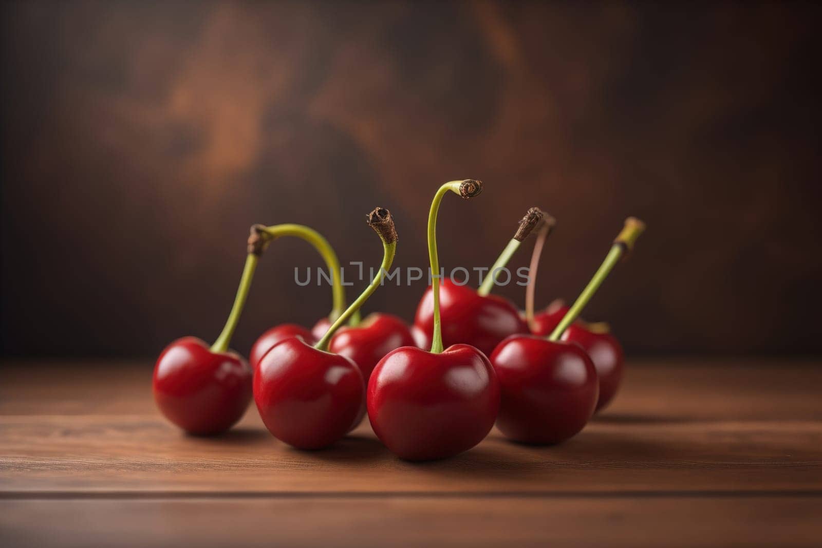 Red cherries on a wooden background. Close up. Selective focus. ai generative