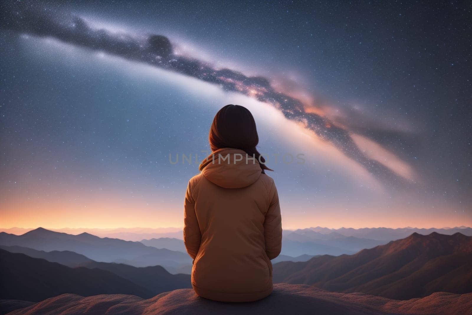 Woman looking at the starry sky with milky way in the mountains. ai generative