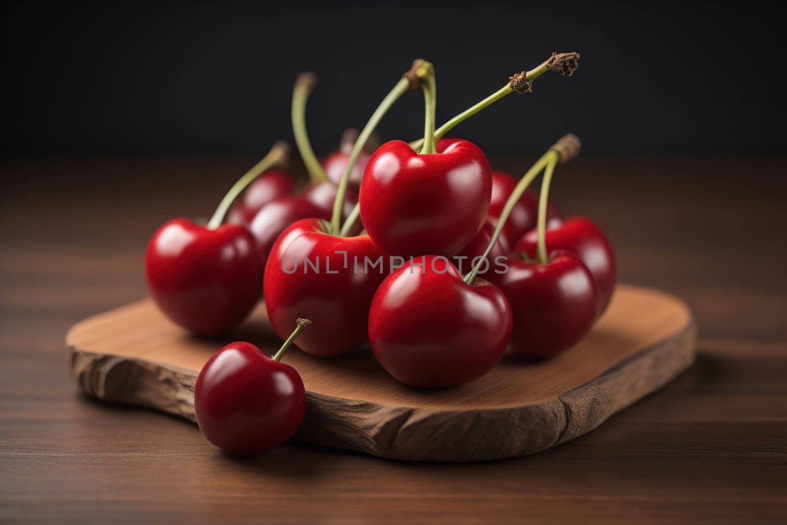 Red cherries on a wooden background. Close up. Selective focus. ai generative