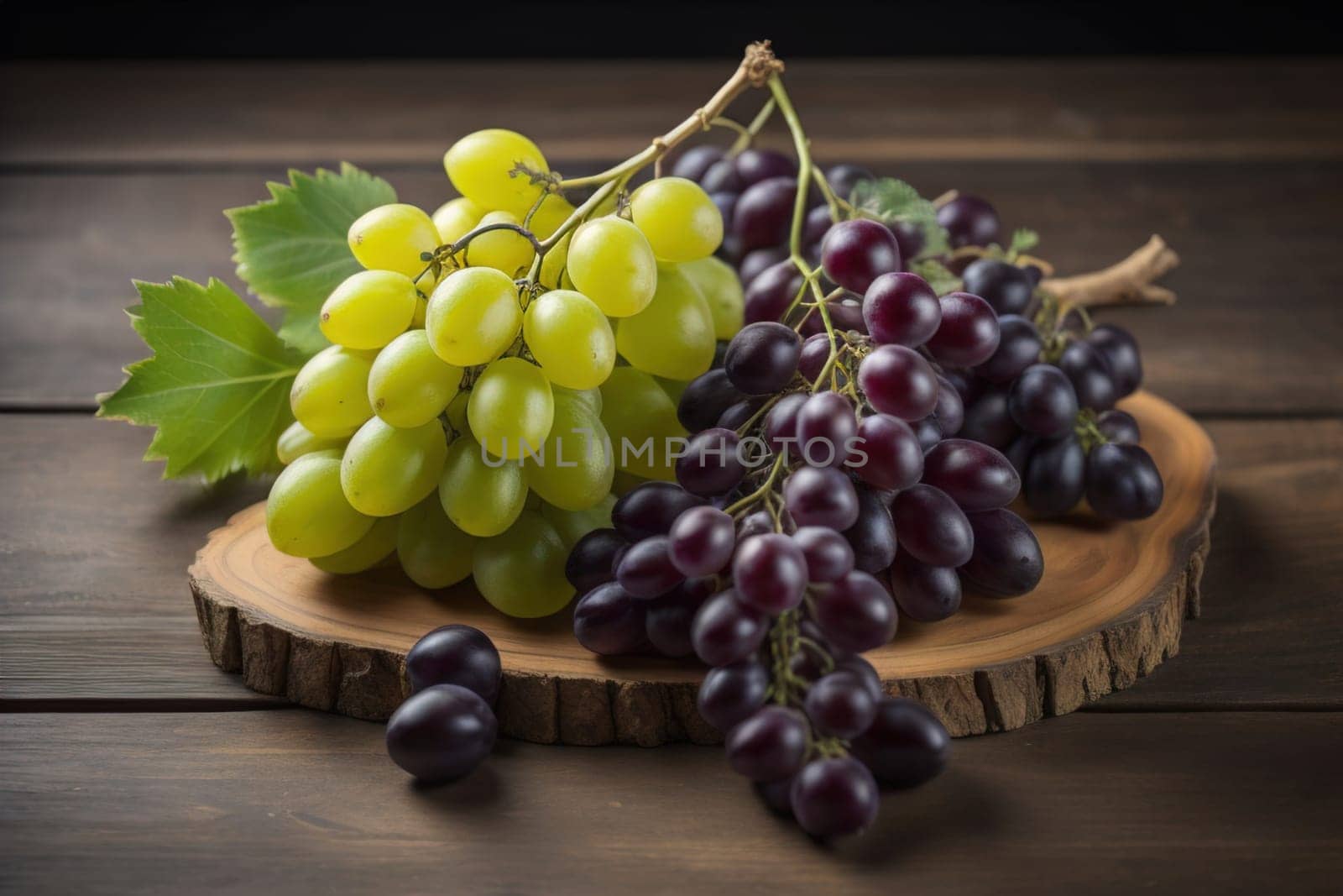 Bunch of fresh grapes on wooden table. Vintage style toned picture. ai generative