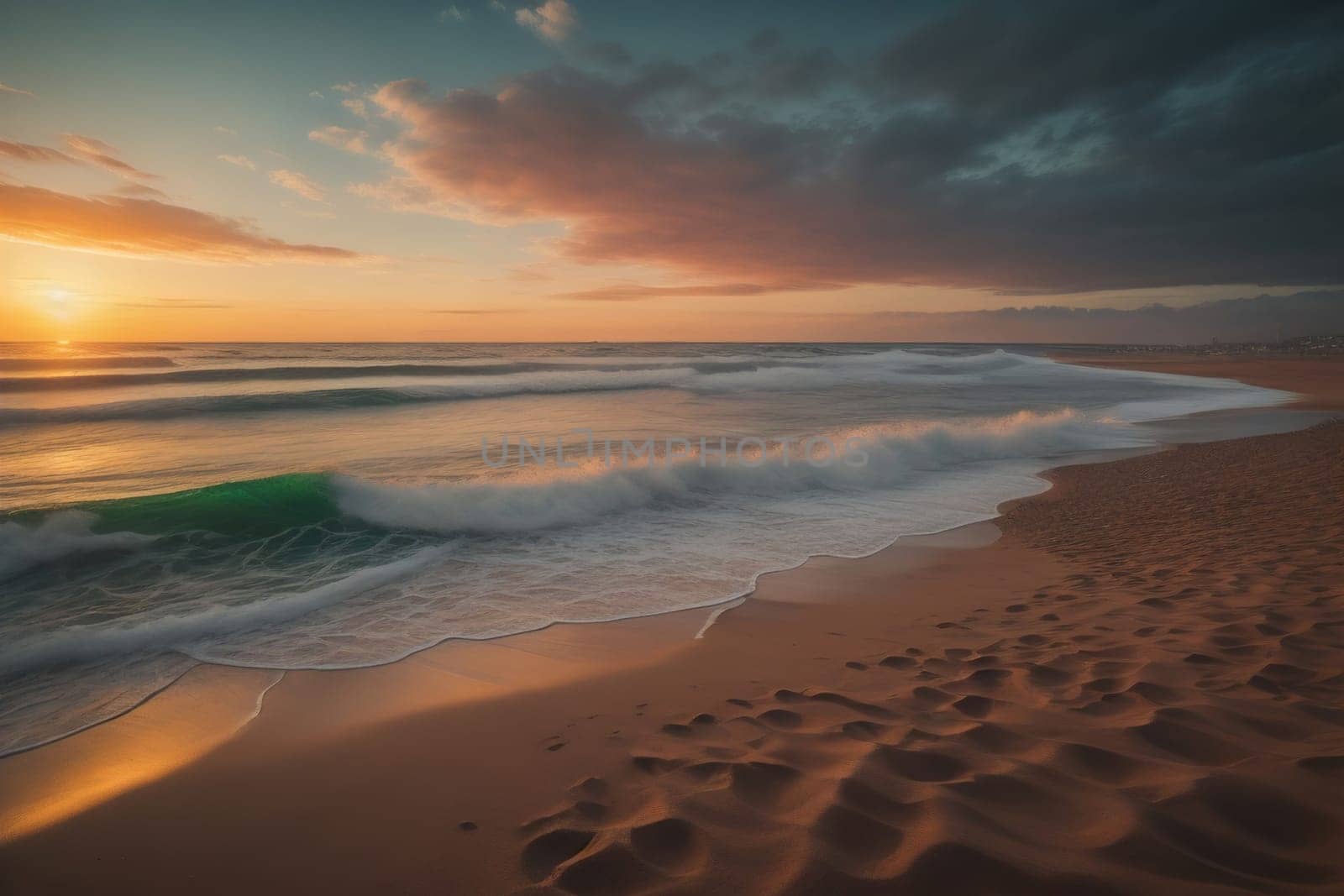 Beautiful sunset on the beach with reflection in the water. Long exposure. ai generative