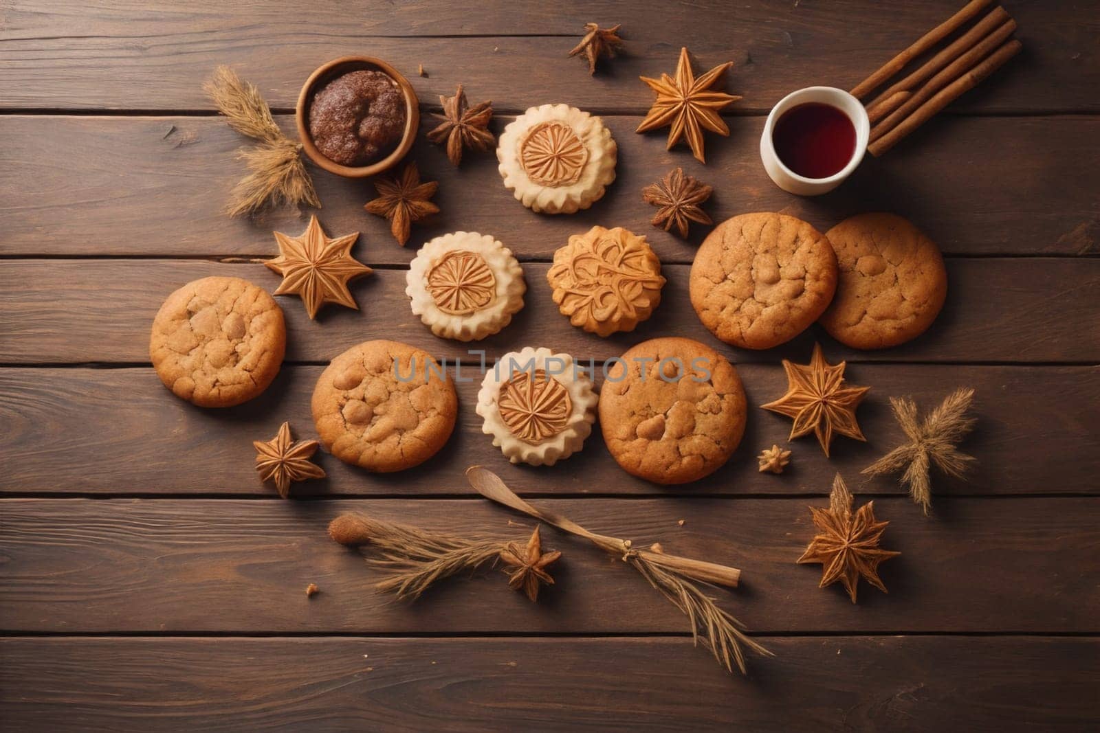 Cookies on a wooden table. Top view. ai generative