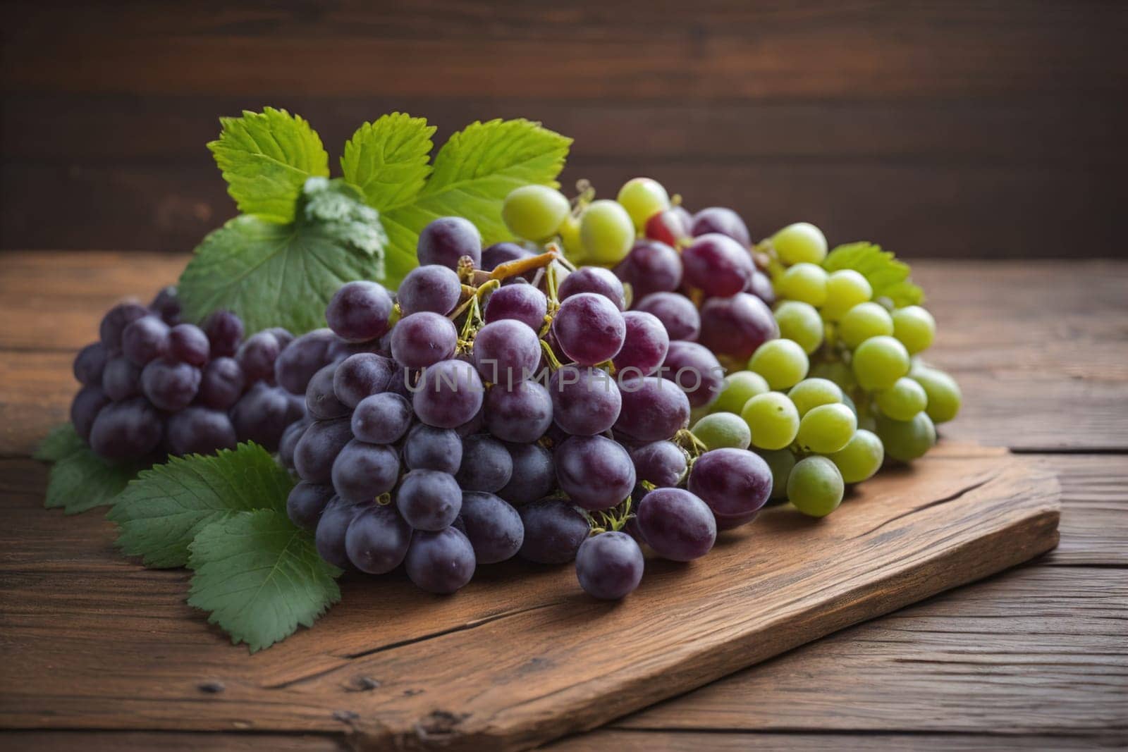 Bunch of fresh grapes on wooden table. Vintage style toned picture. ai generative