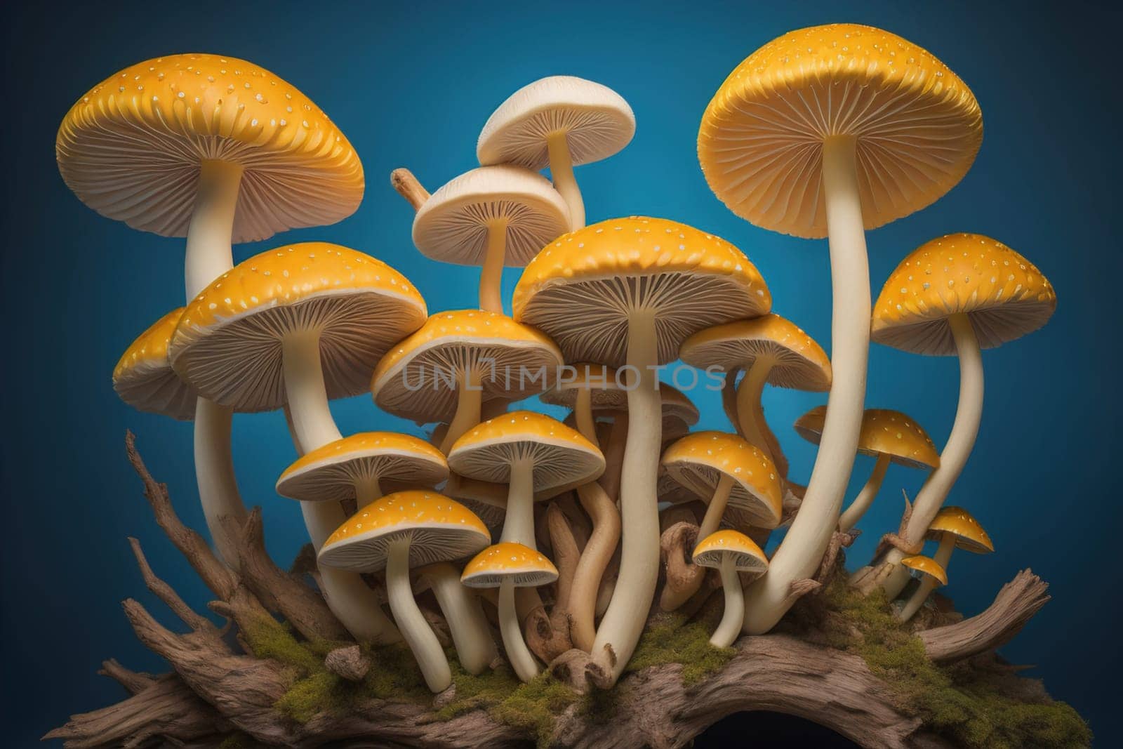Mushrooms on a solid color background with green moss and water drops. generative ai