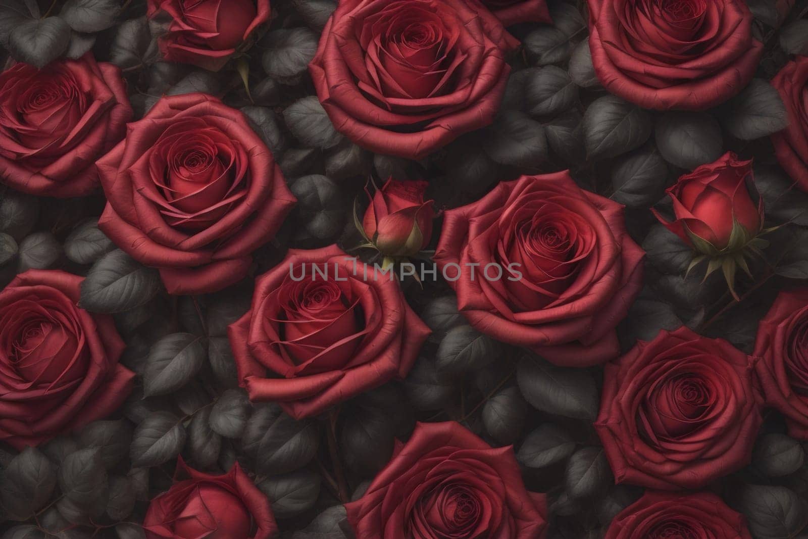 Red roses background. Top view of beautiful red roses with green leaves. ai generative by sanisra