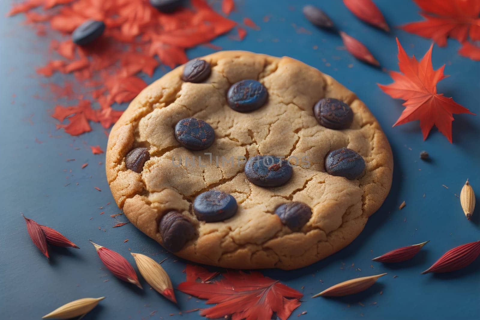 Chocolate chip cookies on orange background. Close up. Selective focus. ai generative